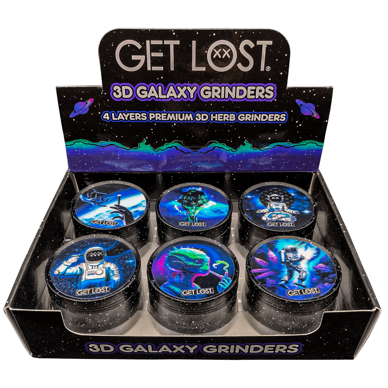 G3DG-6PK-001 - Get Lost Galaxy 3D Herb Grinders – 63mm (6 Count) Set 01