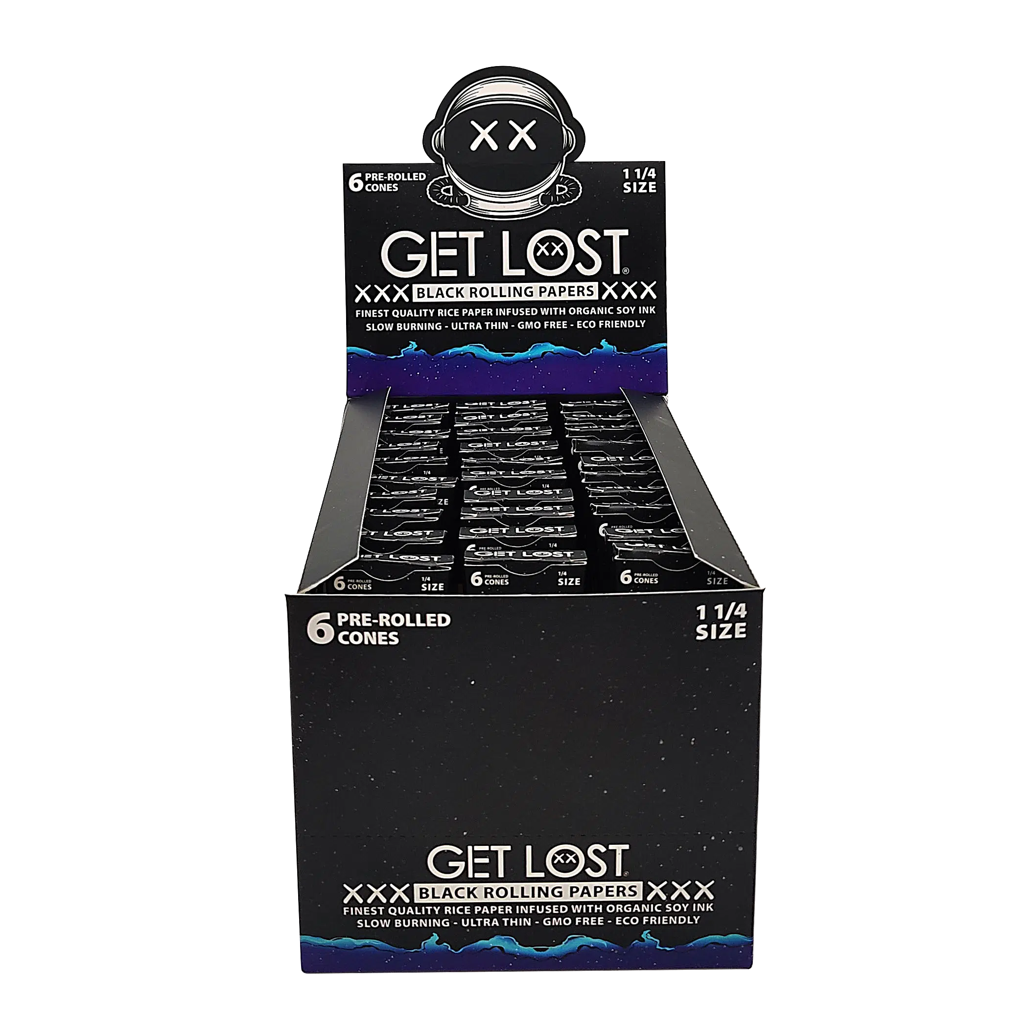 BPRC-114-001 Get Lost - Black Pre Rolled Cones Tip Trapezoid 1 1/4" (6 count, 30 Pack Display)