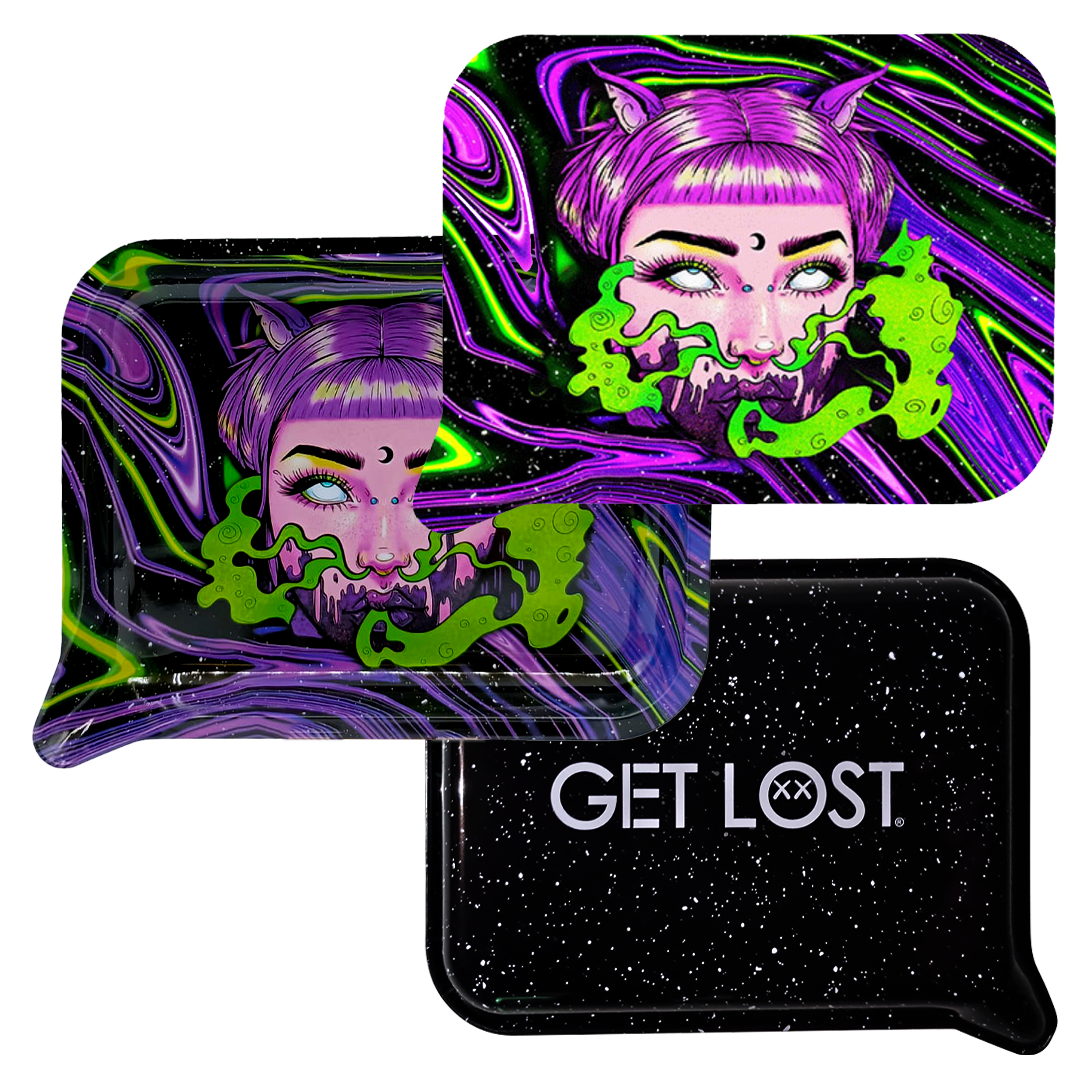 FRT3D-SM-032 Get Lost Small 3D Rolling Tray With Magnetic Lid Cover (Purple Hair Devil Girl Green Smoke) - Image 3