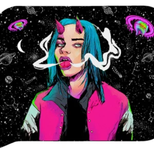 FRT3D-SM-046 Get Lost Small 3D Rolling Tray With Magnetic Lid Cover (Devil Girl Blue Hair Smoking)
