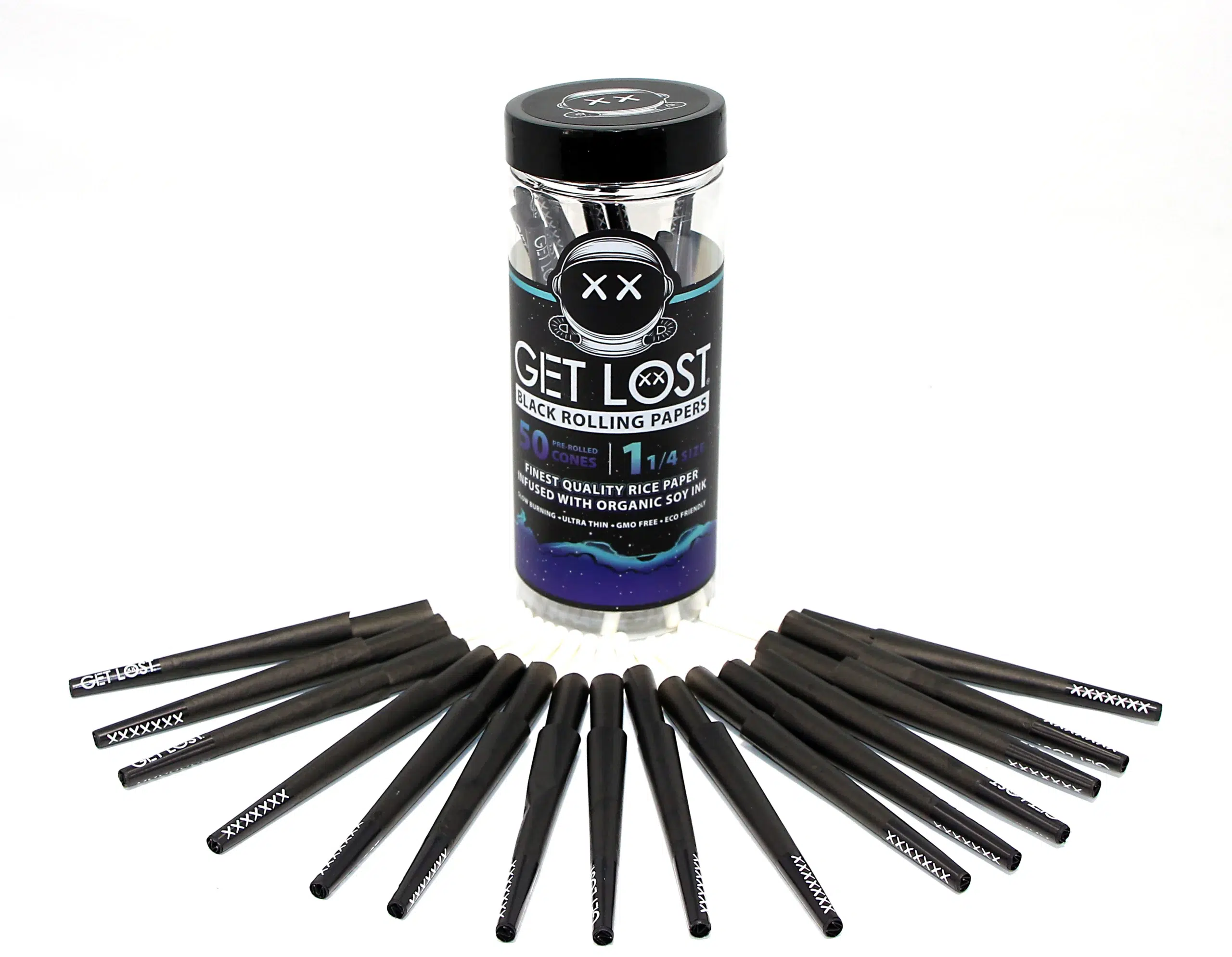 BPRCJ-114-003 - Get Lost Black Pre-Rolled Cones 1 1/4 Size Pack Jar (50 Count)