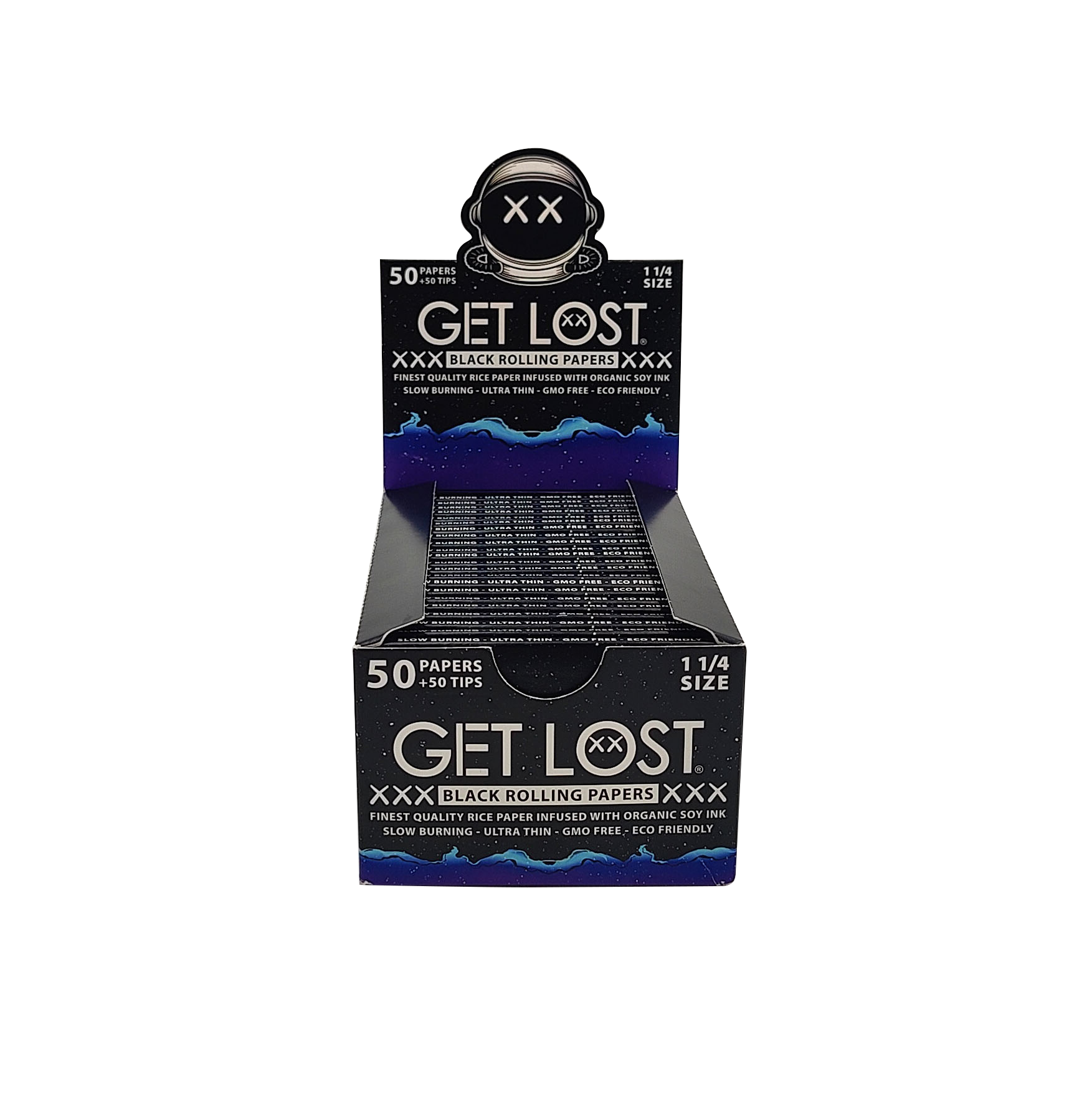 BRP-114-008 - Get Lost - Black Rolling Papers with Tips – 1 1/4” Size (50 Papers + 50 Tips per Pack) Display Box of 22 Packs