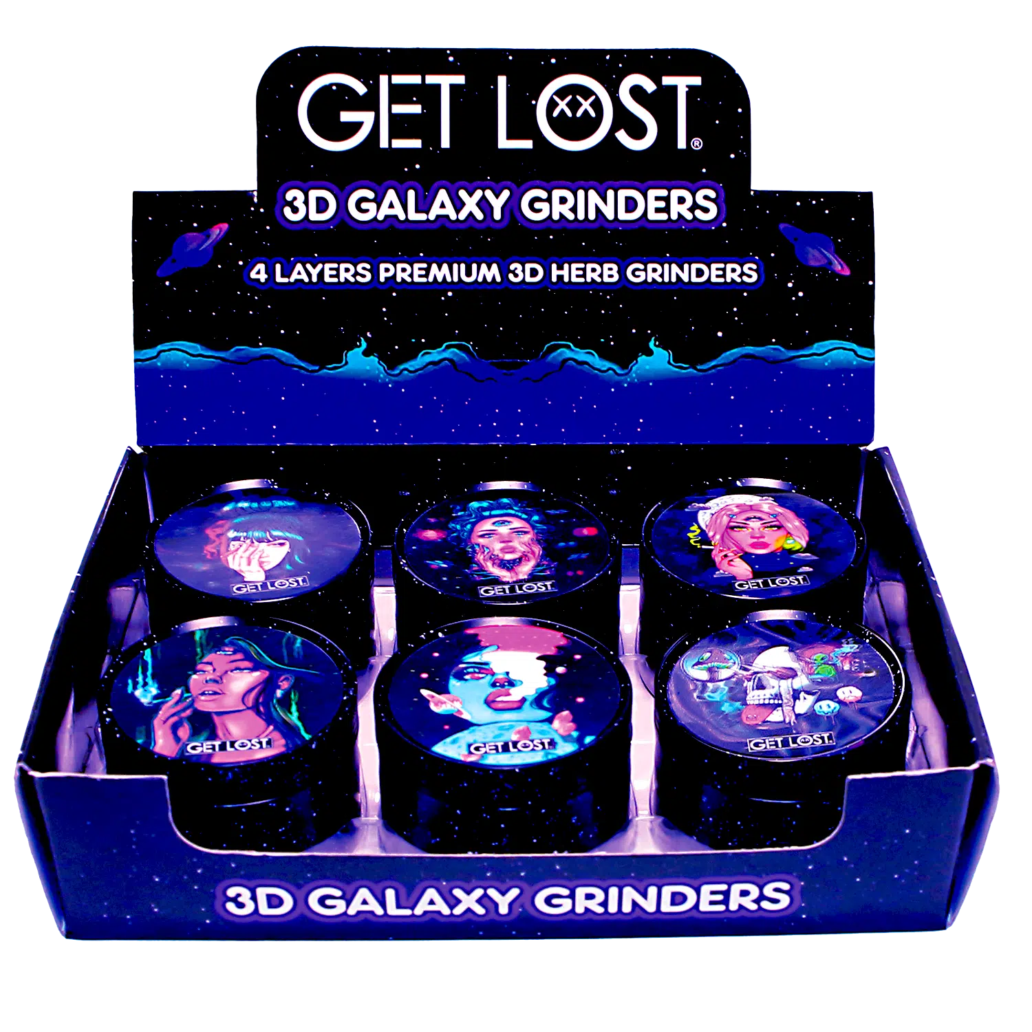 G3DG-6PK-005 - Get Lost Galaxy 3D Herb Grinders – 63mm (6 Count) Set 05